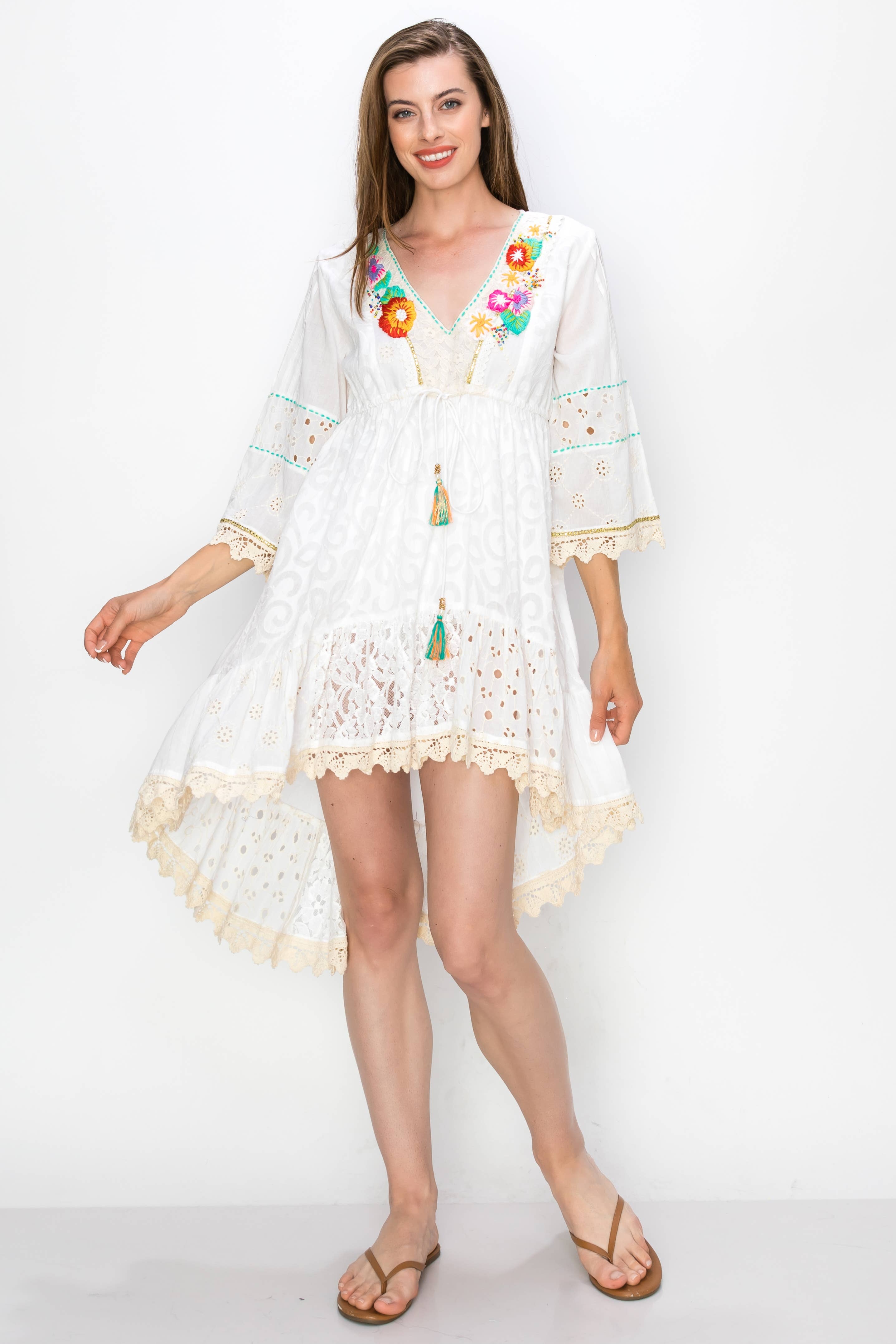 Multi Flower Embroidered Hi Lo Dress