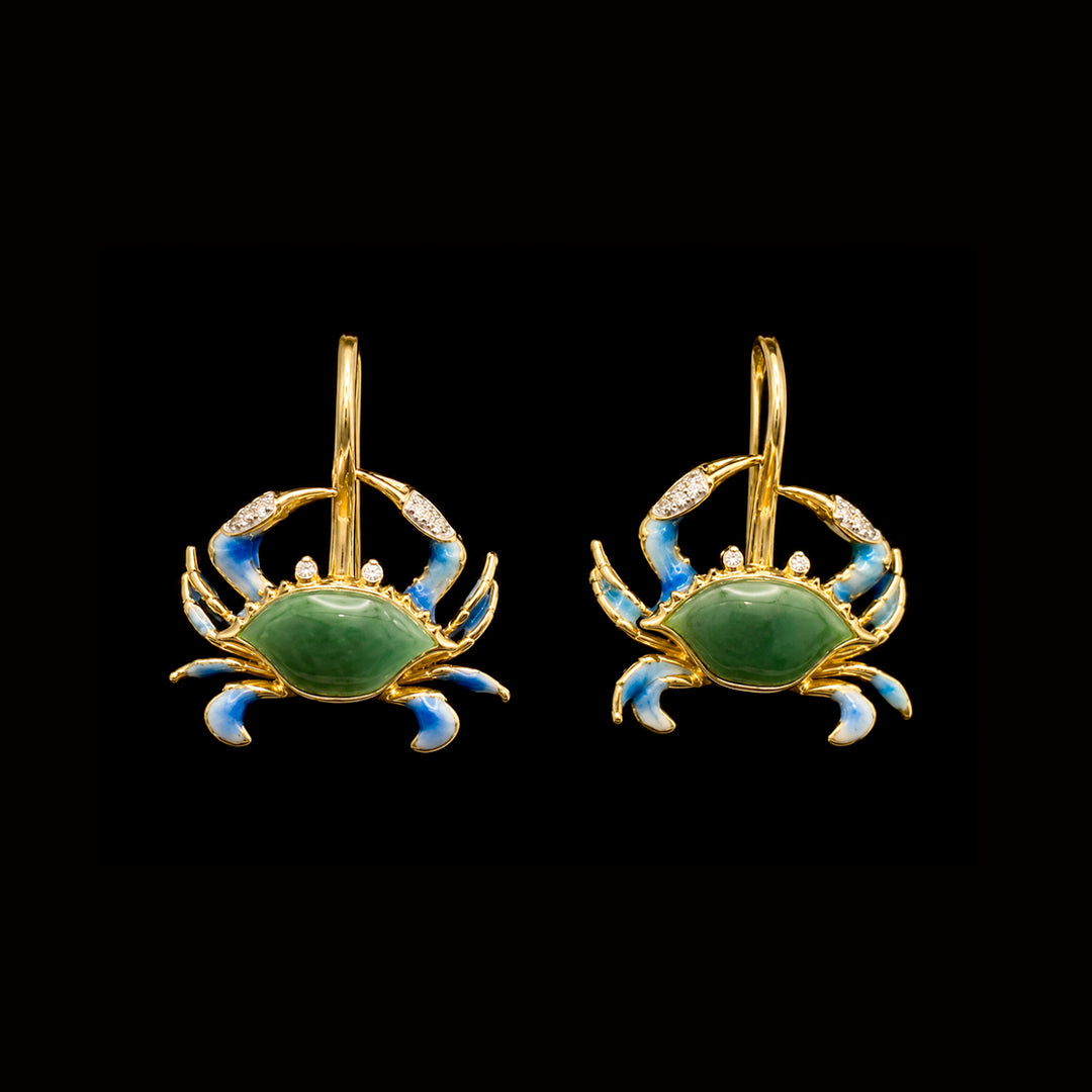 Green Jade Crab Earrings in Gold with Diamonds
