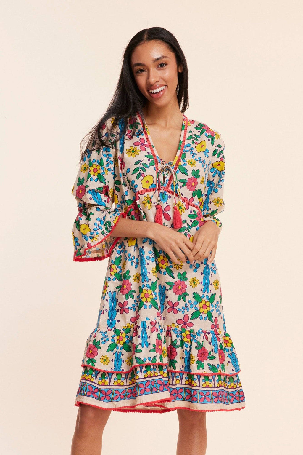 Brigida Beige Spanish Floral Fall Resort Dress