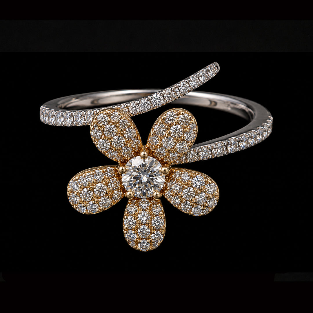 Silver and Gold Flower Ring with Diamonds