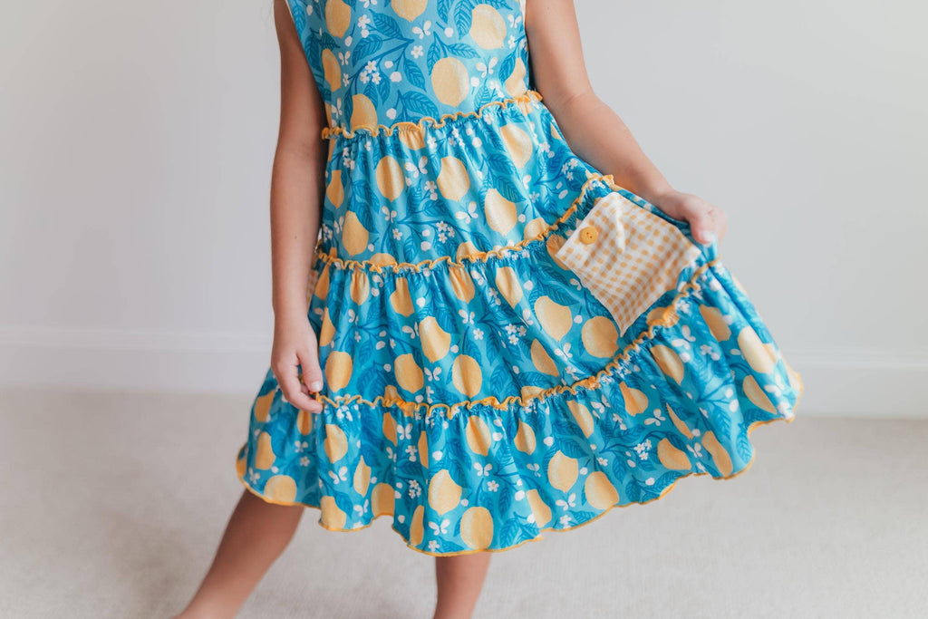 Kids Teal Lemon Pocket Bow Spring Summer Ruffle Dress