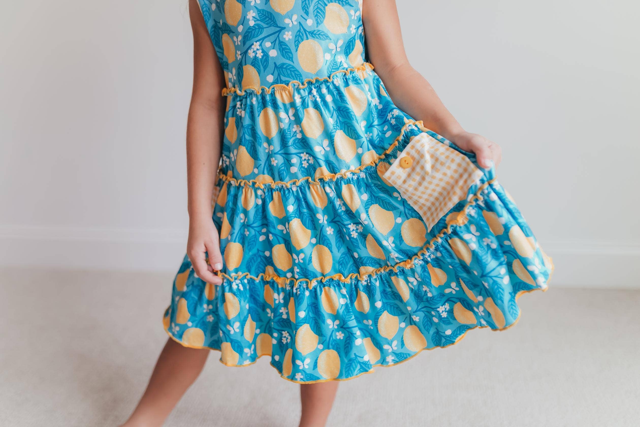 Kids Teal Lemon Pocket Bow Spring Summer Ruffle Dress