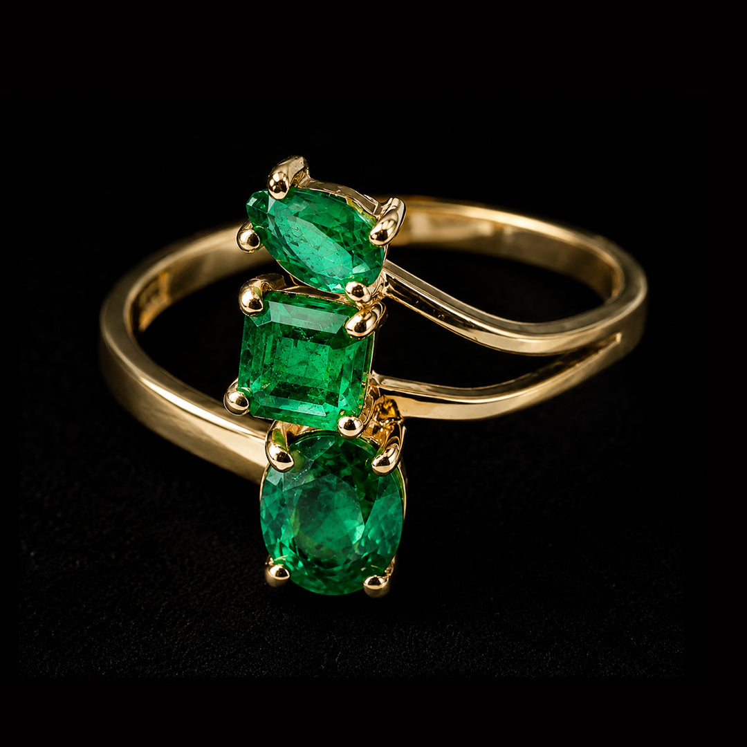 Gold Ring with 1 Pear 1 Square 1 Round Emerald Ring