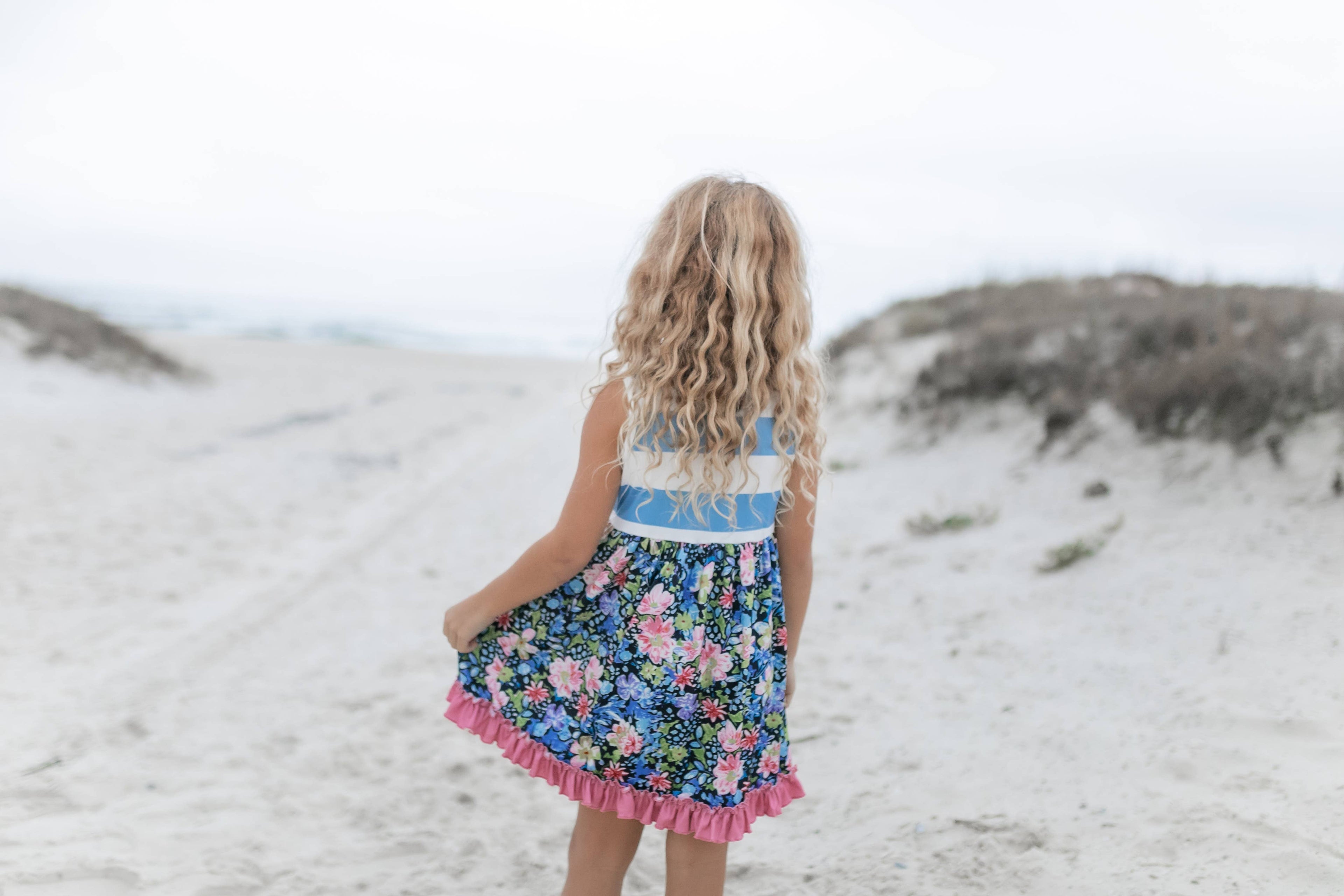 Kids Pink & Blue Wide Stripe Floral Ruffle Summer Dress