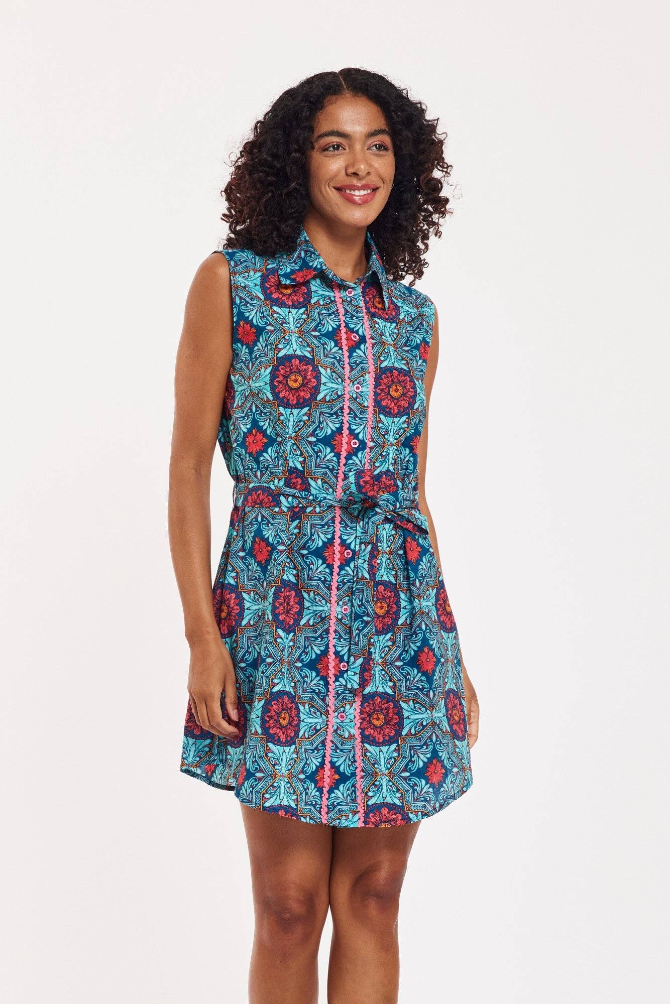 Carlotta Shirt Dress Kaleidoscope Navy Green Pink Spring