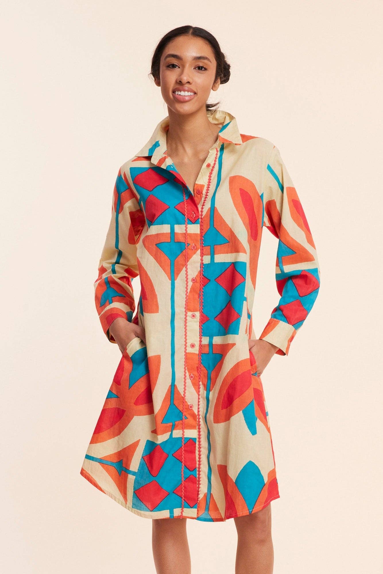 Carlotta Beige Abstract Multicolor Fall Resort Midi Dress