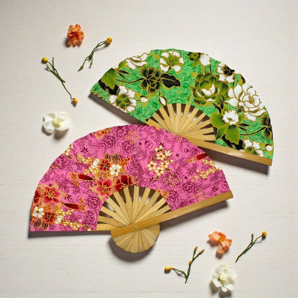 Floral Fabric Wooden Folding Fan - Assorted