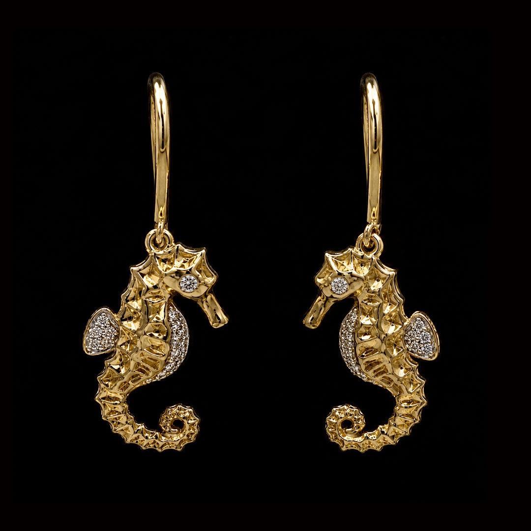 Gold Seahorse Earrings with Diamonds