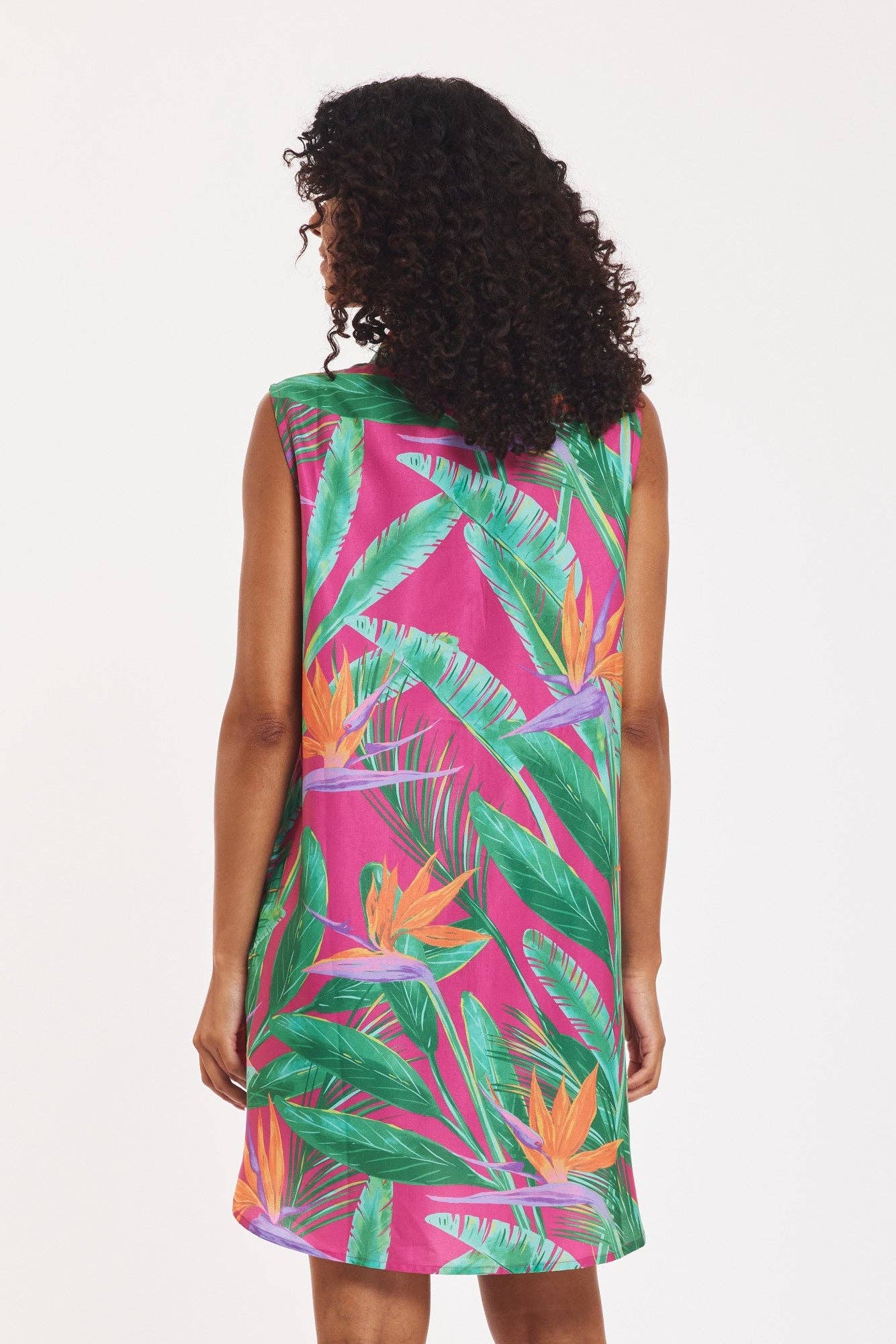 Gabriella Dress Tropical Leaves Fuchsia Spring Summer
