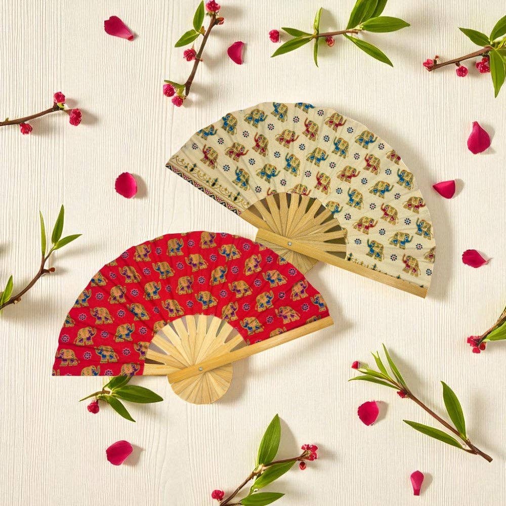 Elephant Fabric Wooden Folding Fan - Assorted