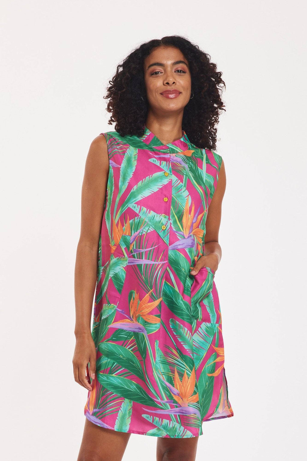 Gabriella Dress Tropical Leaves Fuchsia Spring Summer