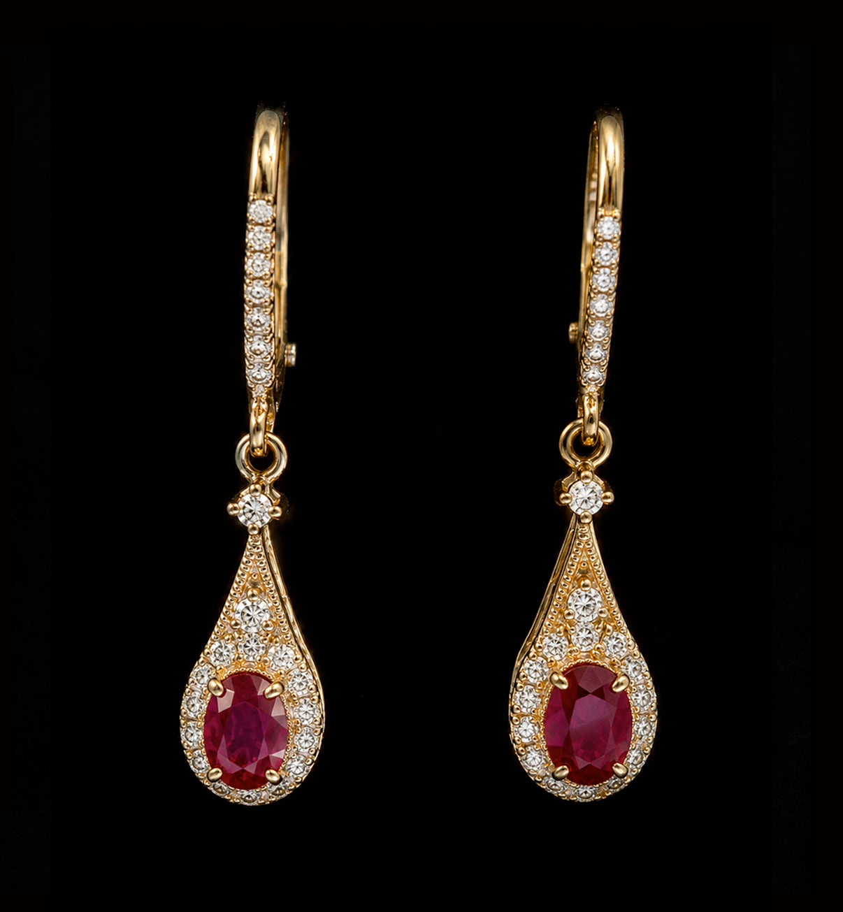 Gold Drop Earrings with Diamonds and Garnets