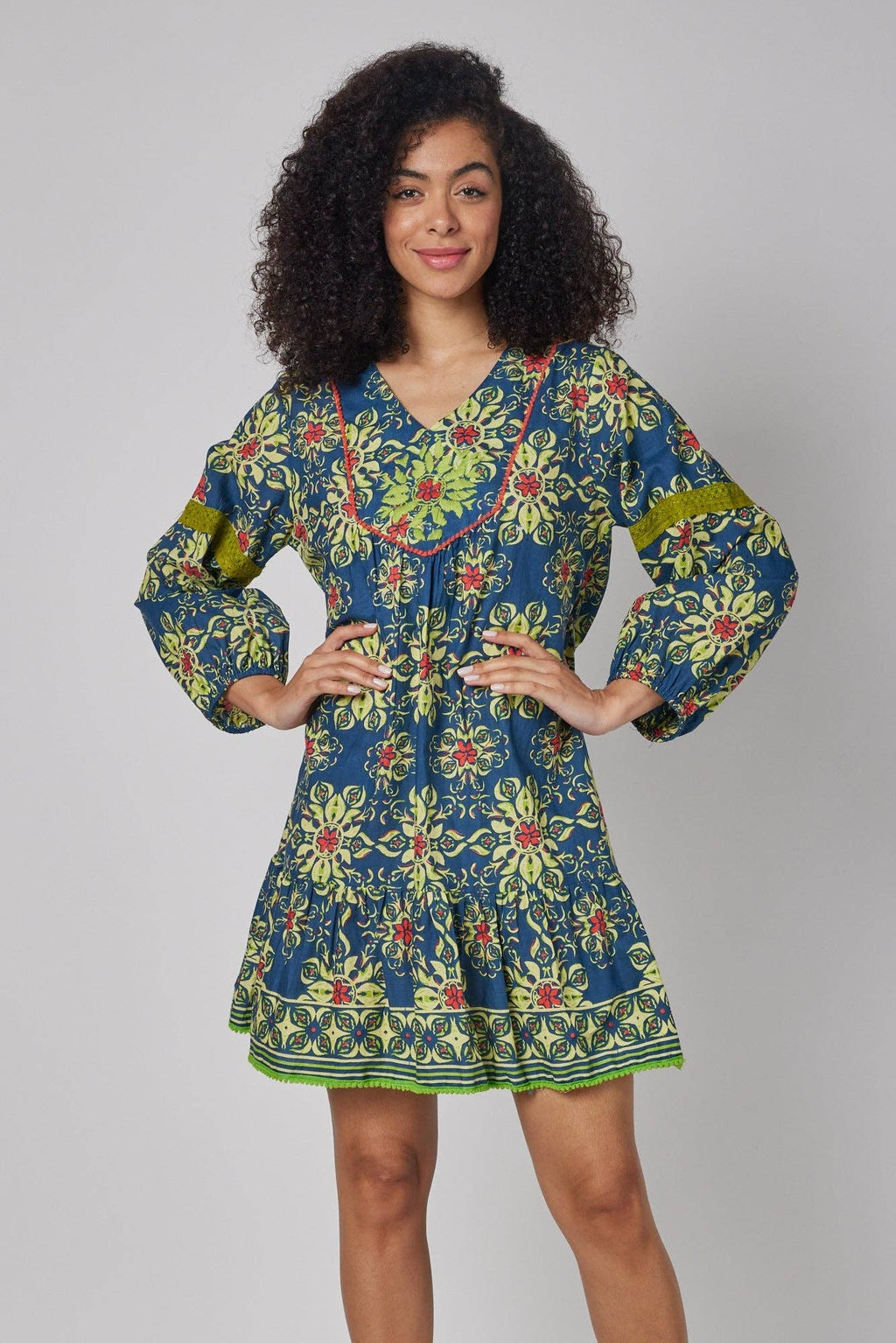 Ilaria Navy Blue Blue & Green Fall Dress