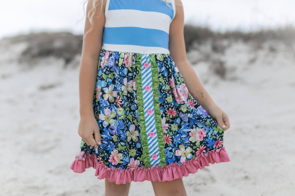 Kids Pink & Blue Wide Stripe Floral Ruffle Summer Dress