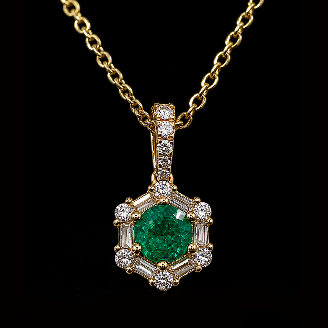 Emerald with Diamonds in Hexagon Shape on Gold Necklace