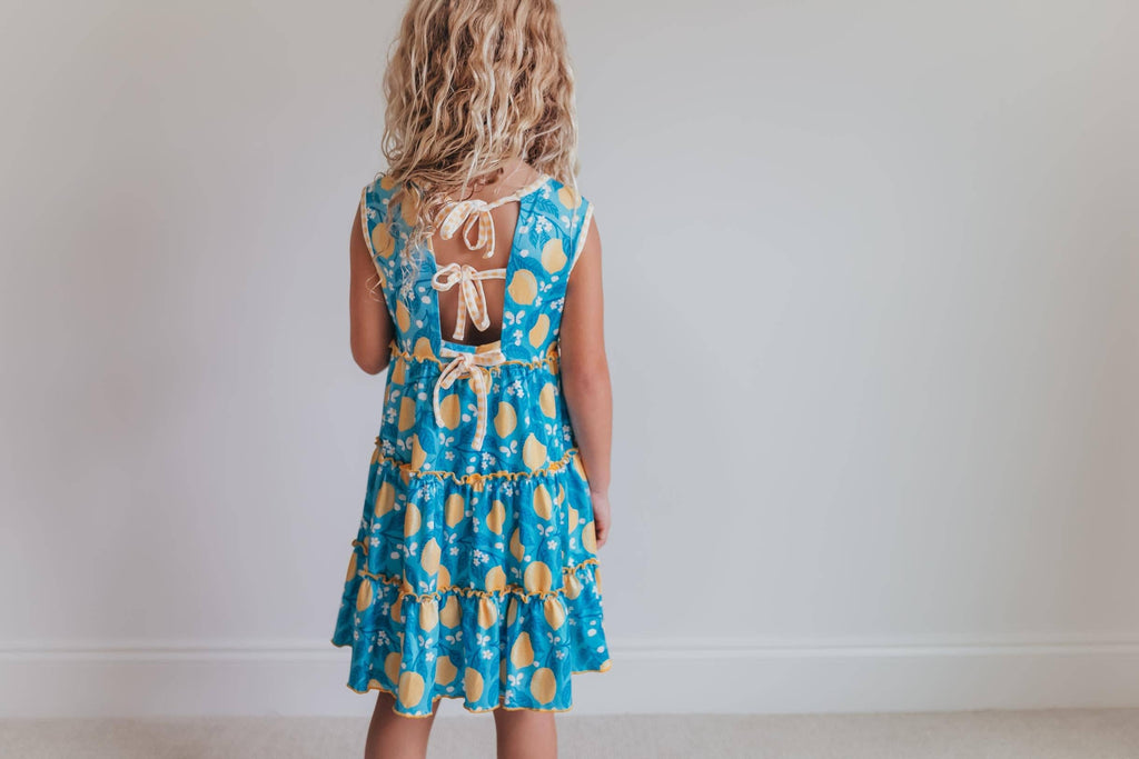 Kids Teal Lemon Pocket Bow Spring Summer Ruffle Dress
