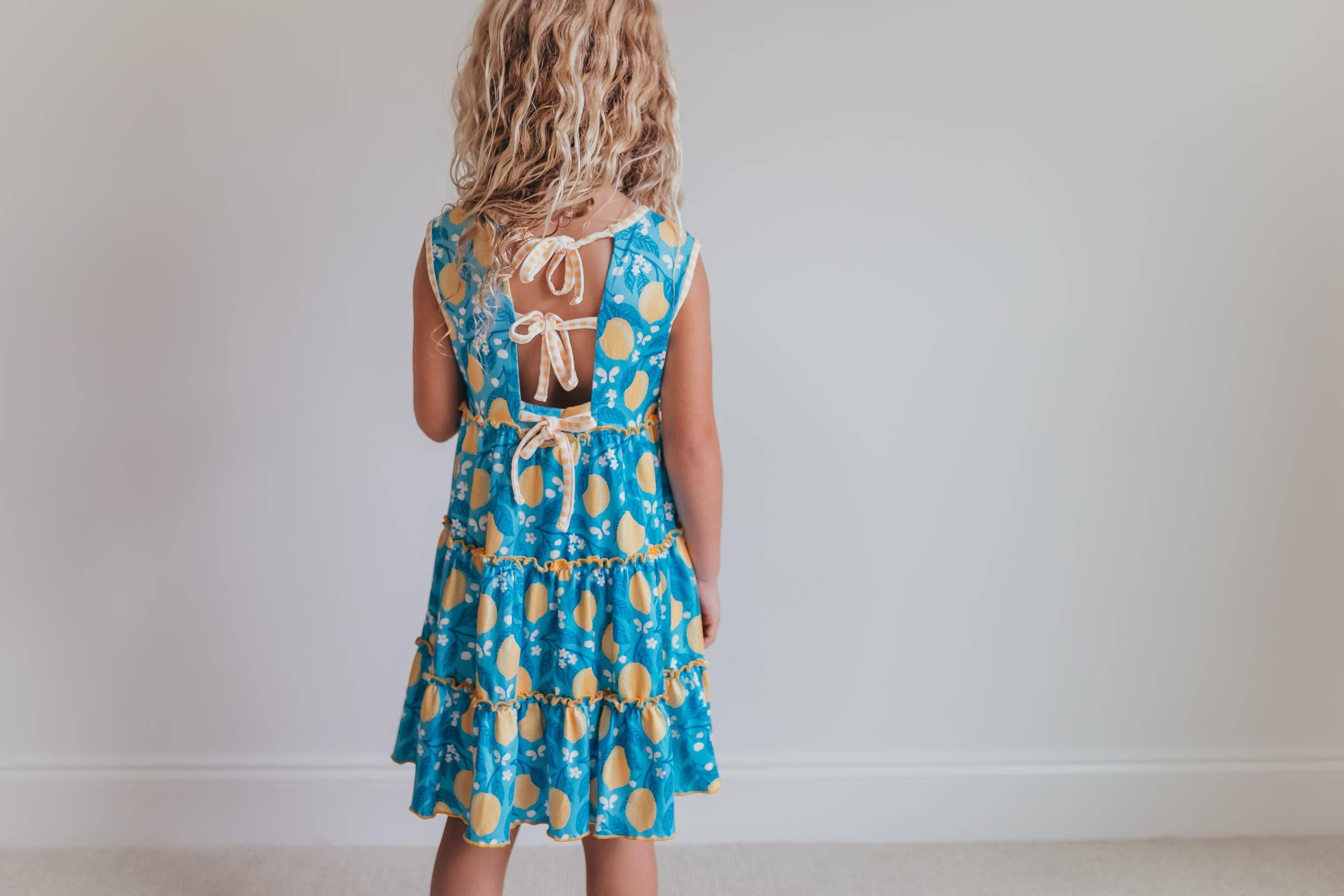 Kids Teal Lemon Pocket Bow Spring Summer Ruffle Dress