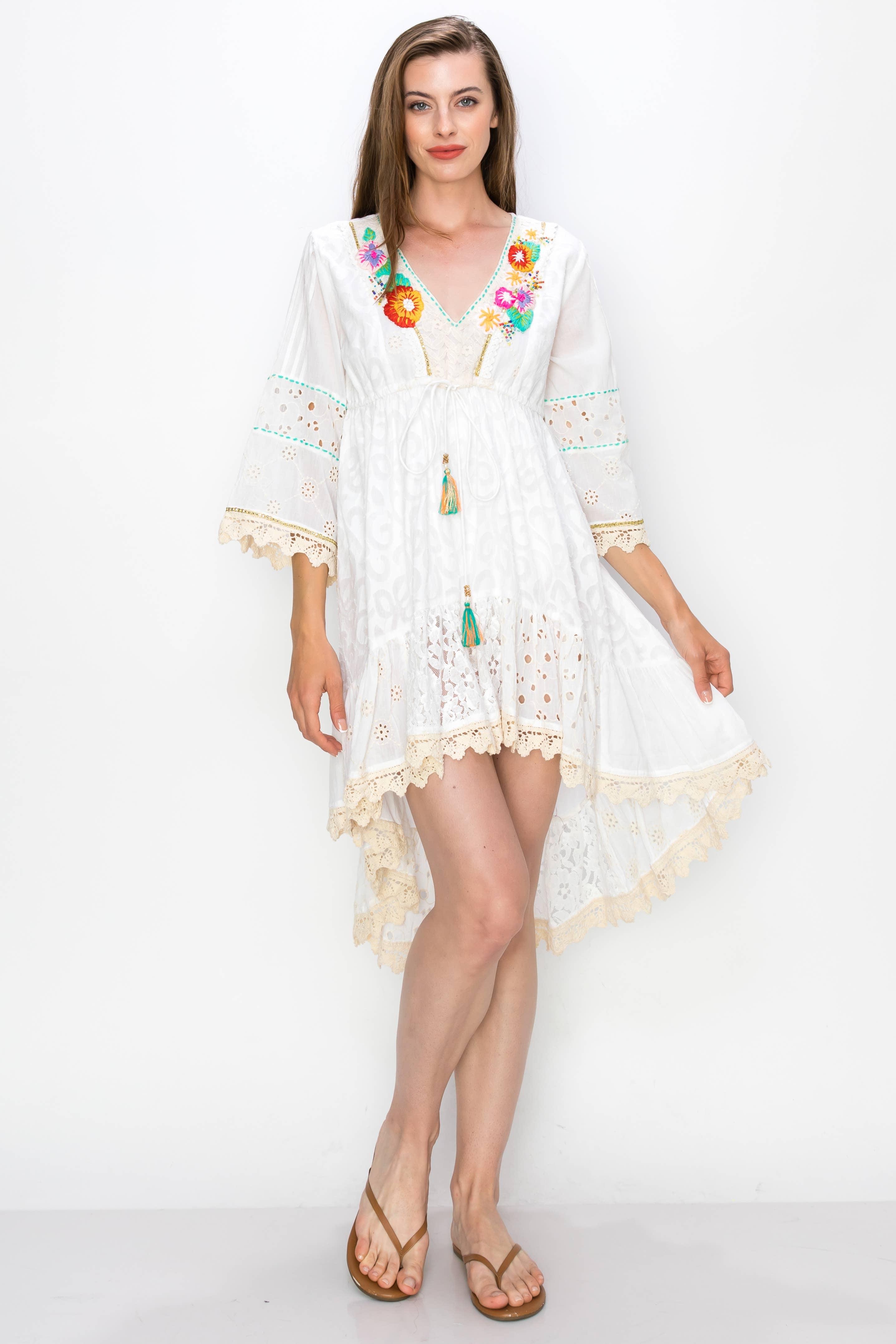 Multi Flower Embroidered Hi Lo Dress