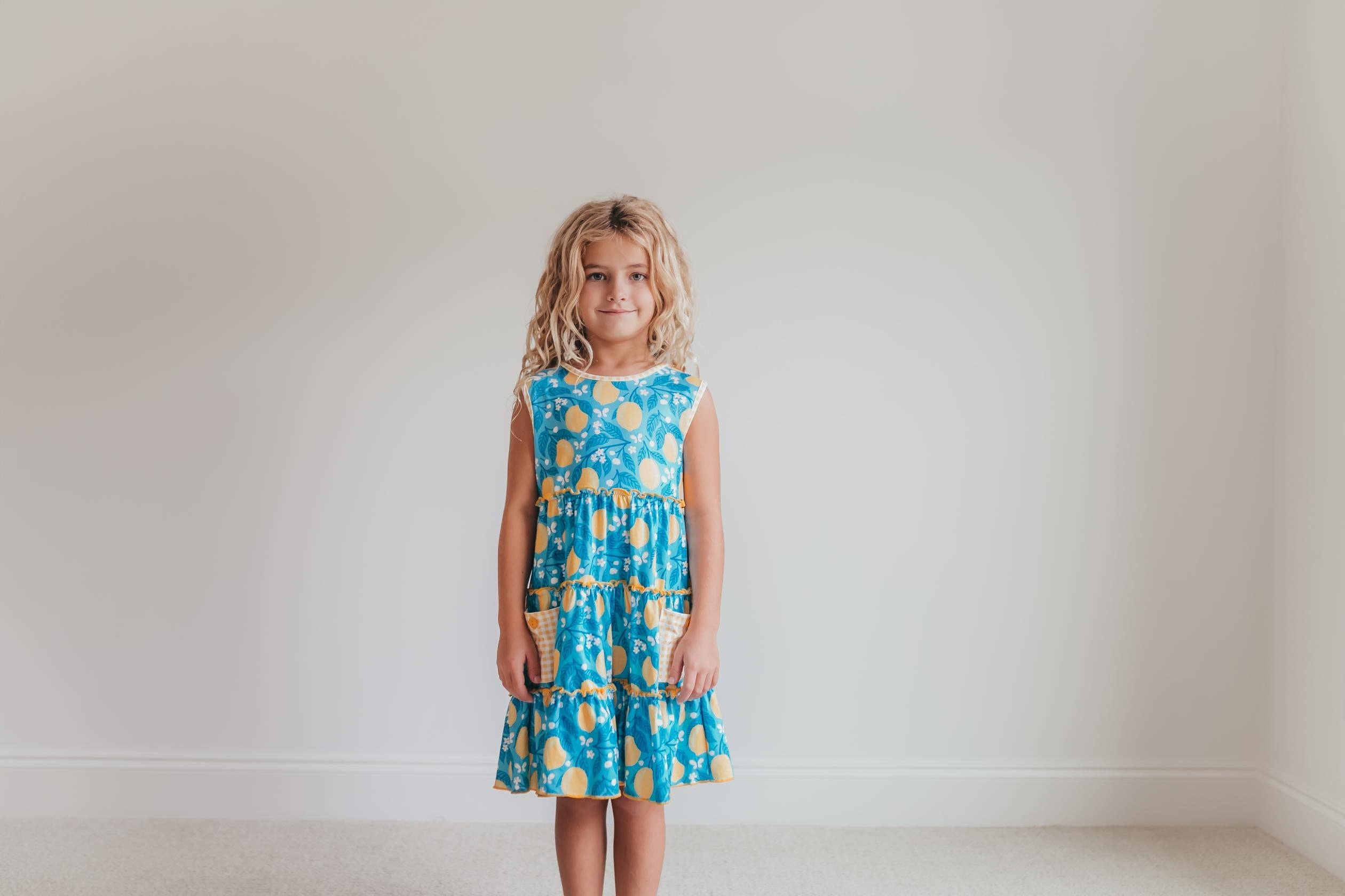 Kids Teal Lemon Pocket Bow Spring Summer Ruffle Dress
