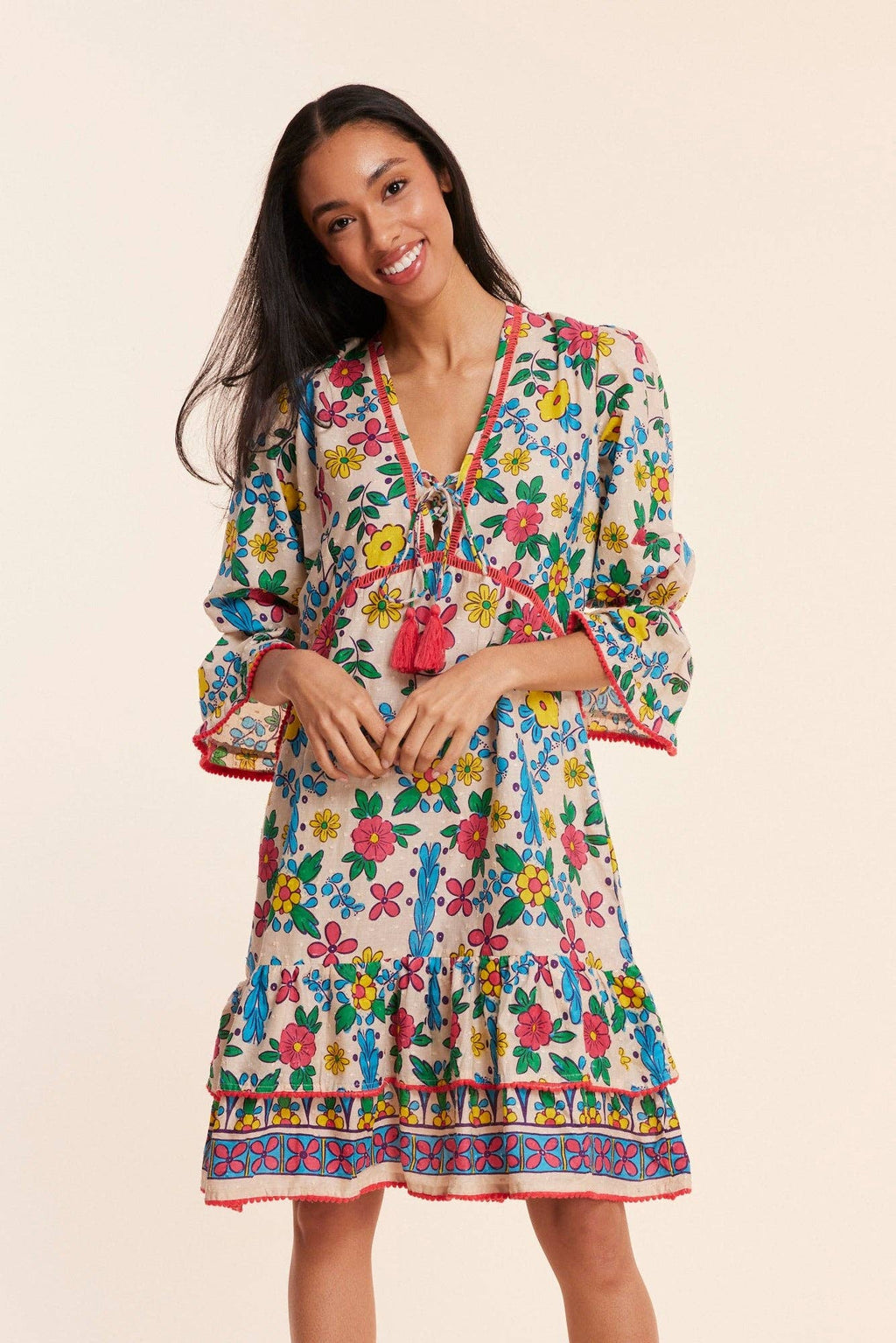 Brigida Beige Spanish Floral Fall Resort Dress