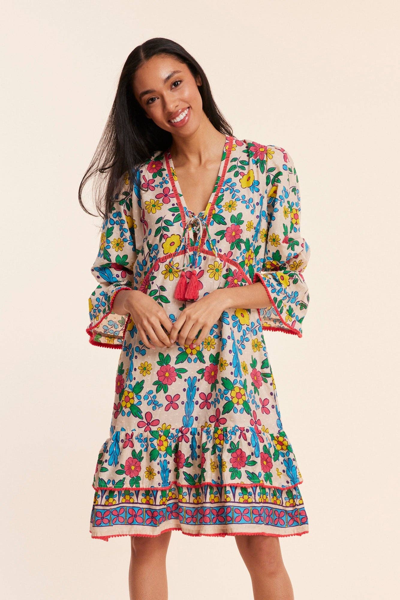 Brigida Beige Spanish Floral Fall Resort Dress