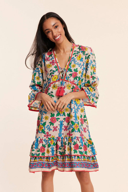 Brigida Beige Spanish Floral Fall Resort Dress