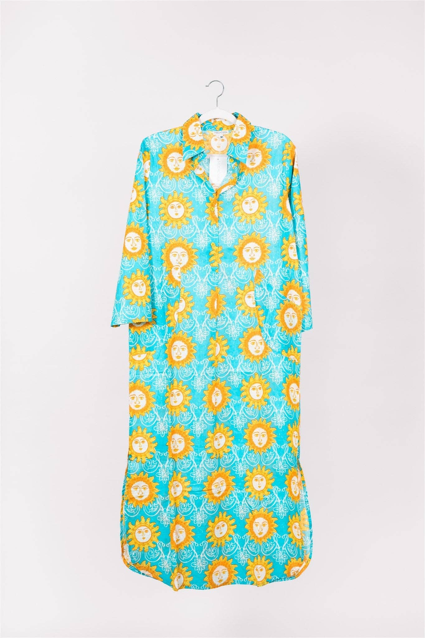 Gabriella Maxi Caftan Shirt Dress Aqua Blue Orange Spring