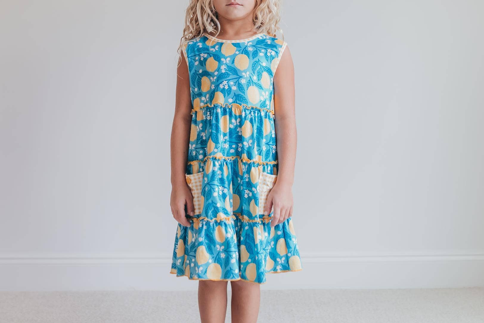 Kids Teal Lemon Pocket Bow Spring Summer Ruffle Dress