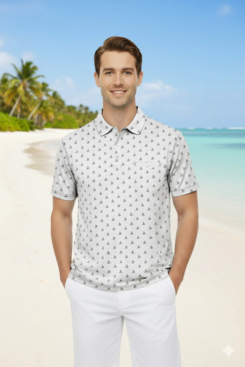 HAPPY BAY Boat Grey Mens Golf Polo Shirt