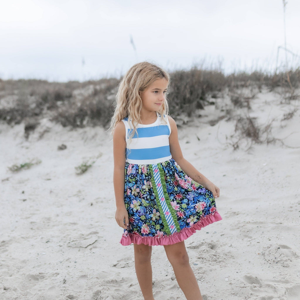 Kids Pink & Blue Wide Stripe Floral Ruffle Summer Dress