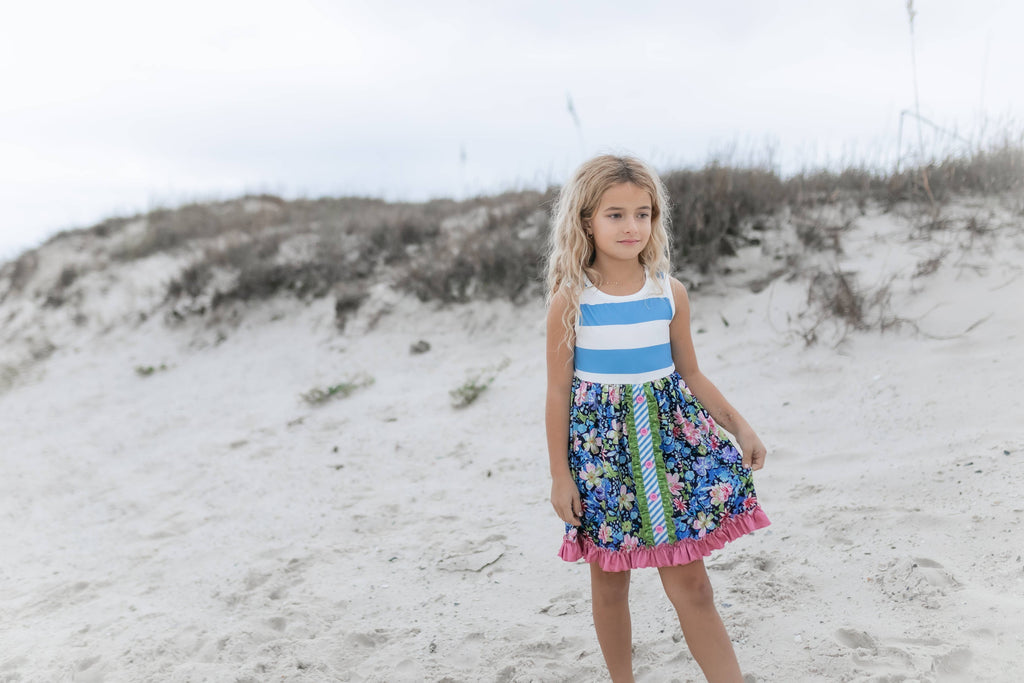 Kids Pink & Blue Wide Stripe Floral Ruffle Summer Dress