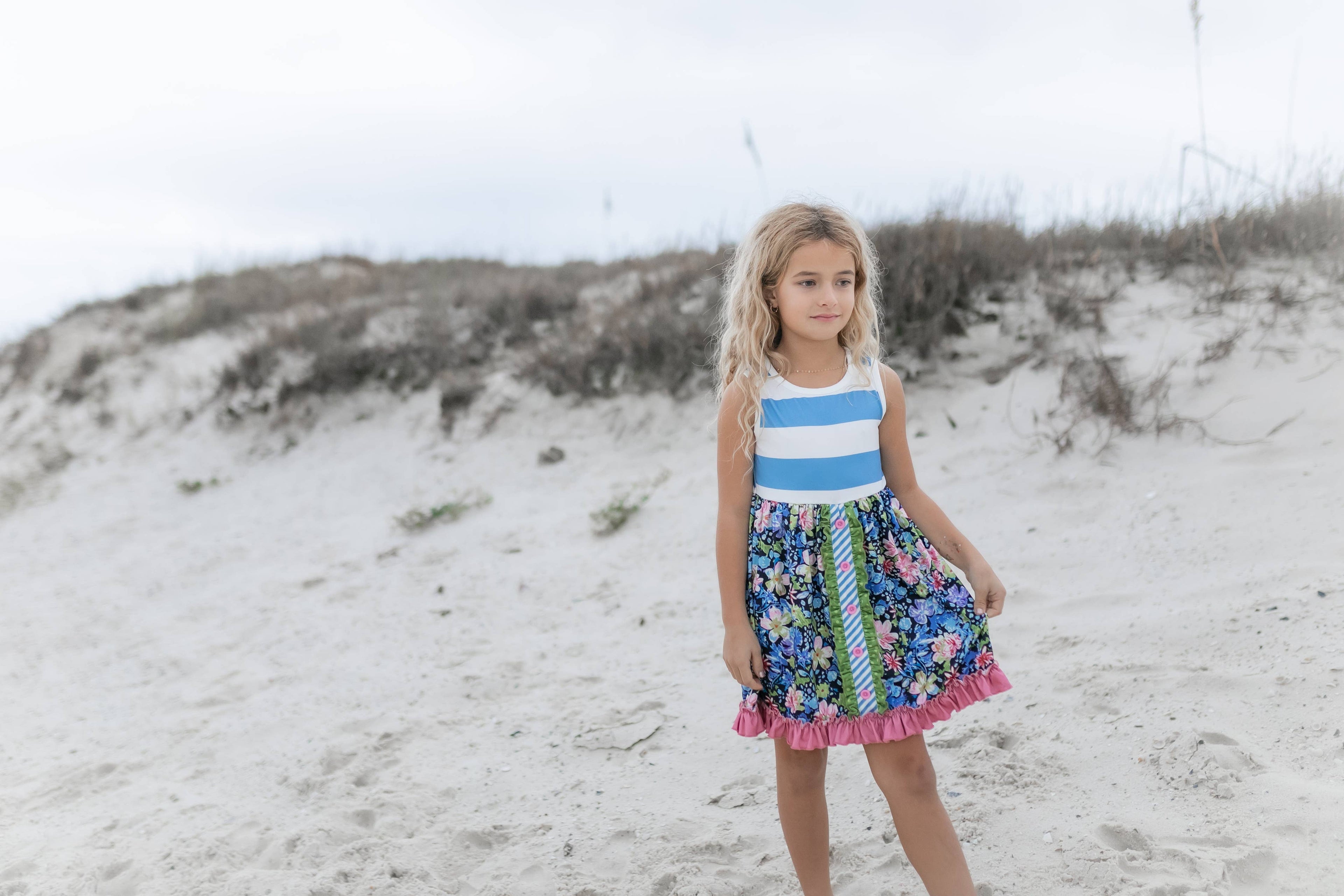 Kids Pink & Blue Wide Stripe Floral Ruffle Summer Dress