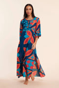 Elina Navy Abstract Multi Fall Resort Maxi Caftan Dress