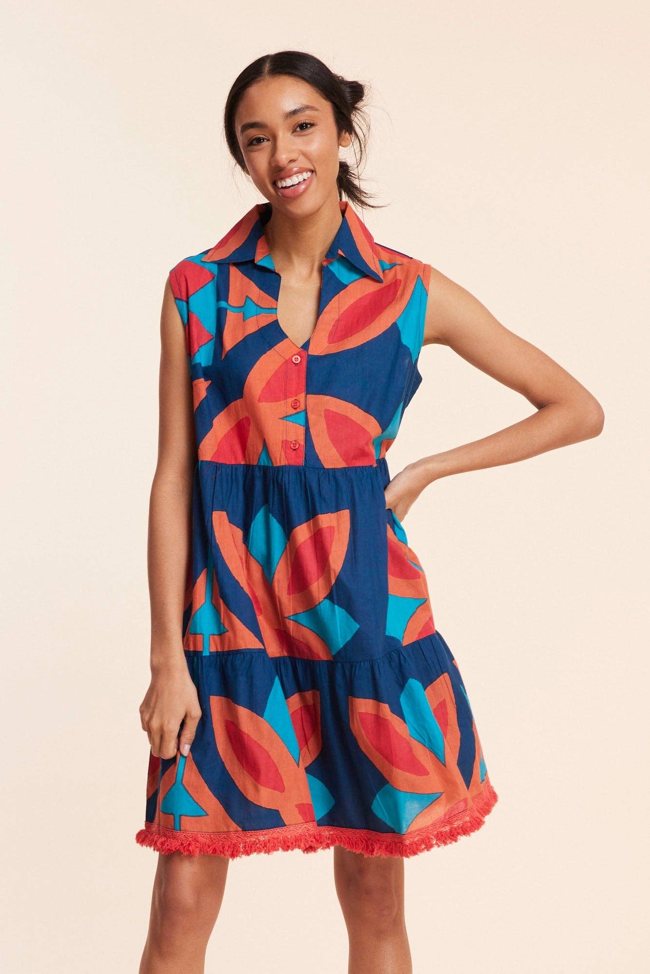 Cadenza Navy Abstract Multicolor Fall Resort Dress
