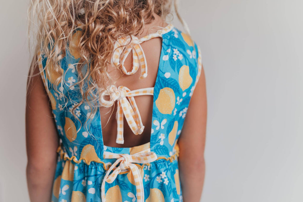 Kids Teal Lemon Pocket Bow Spring Summer Ruffle Dress