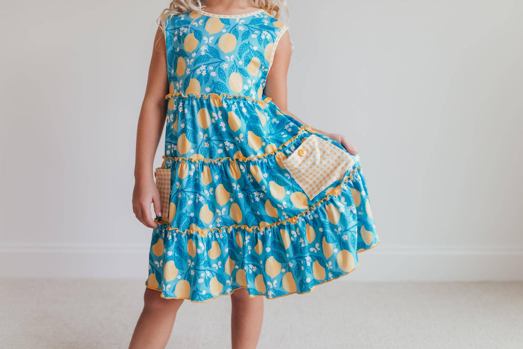 Kids Teal Lemon Pocket Bow Spring Summer Ruffle Dress