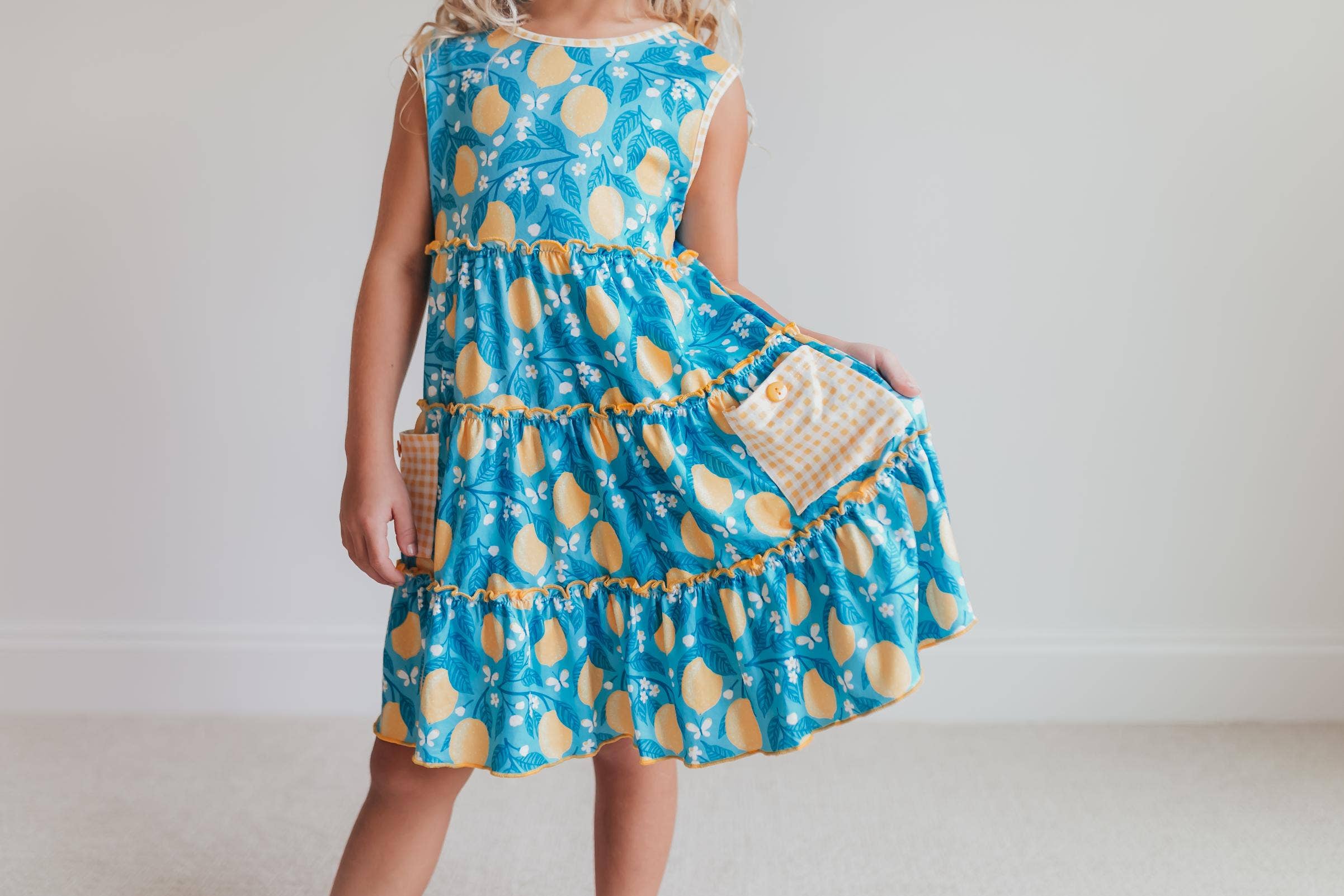 Kids Teal Lemon Pocket Bow Spring Summer Ruffle Dress