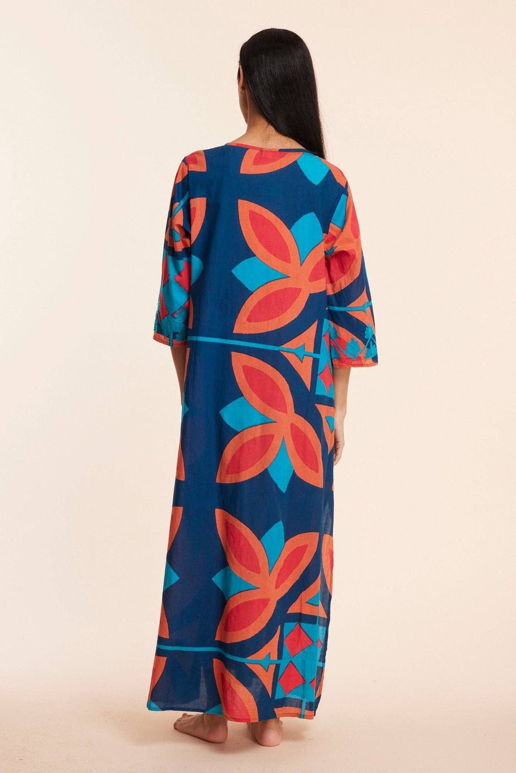 Elina Navy Abstract Multi Fall Resort Maxi Caftan Dress