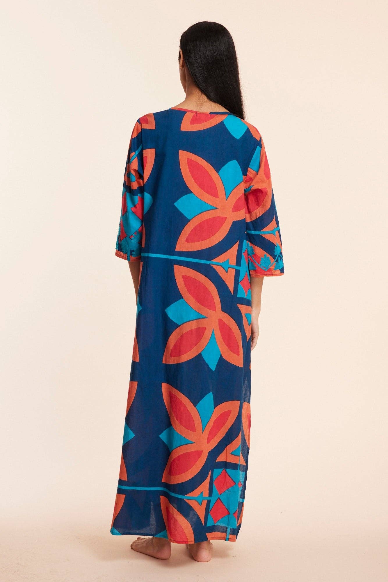Elina Navy Abstract Multi Fall Resort Maxi Caftan Dress