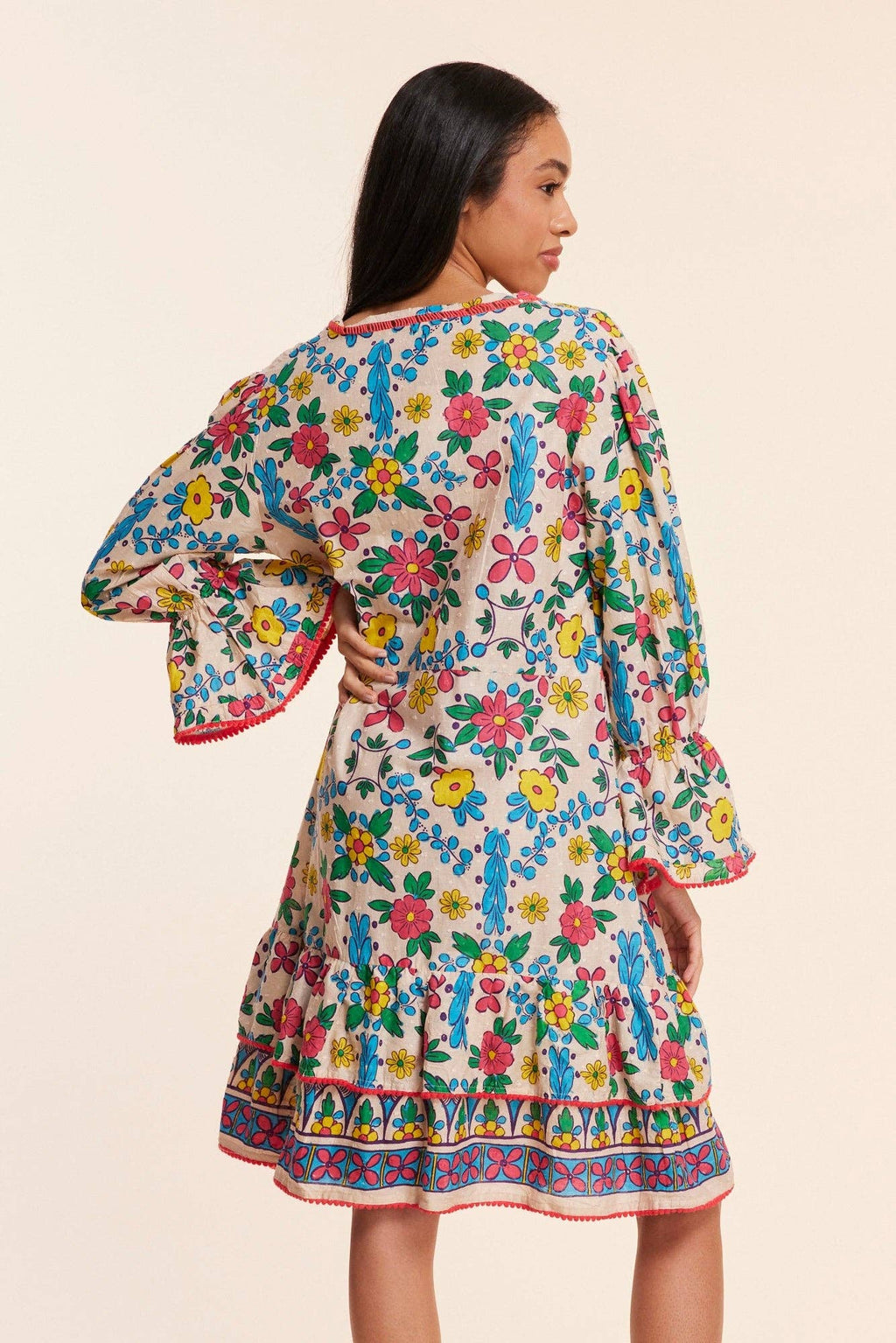 Brigida Beige Spanish Floral Fall Resort Dress
