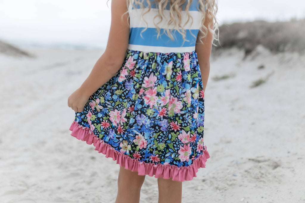Kids Pink & Blue Wide Stripe Floral Ruffle Summer Dress